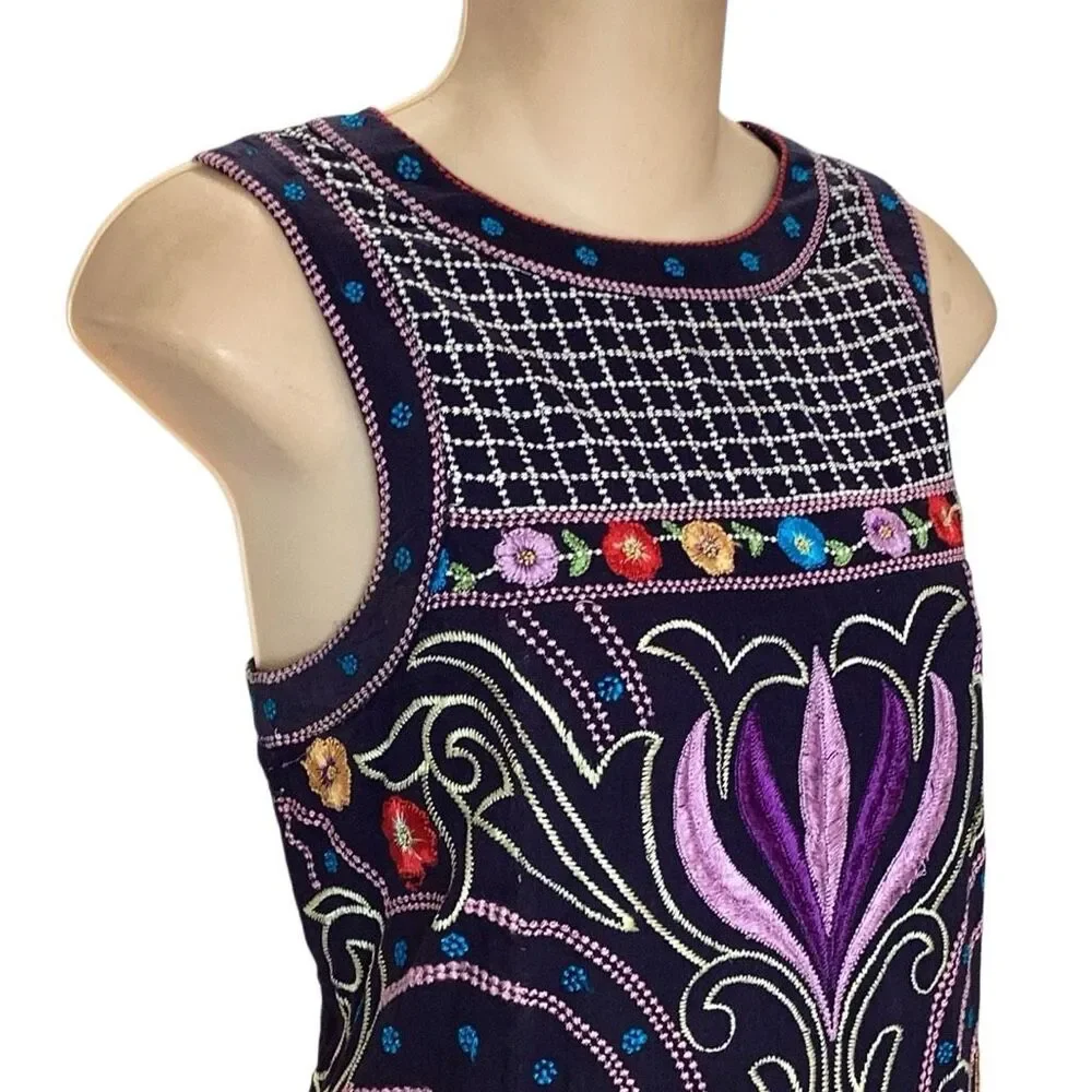 Maeve Anthropologie Kira Navy Floral Embroidered Print Sleeveless Shift Dress Sz - Picture 3 of 11